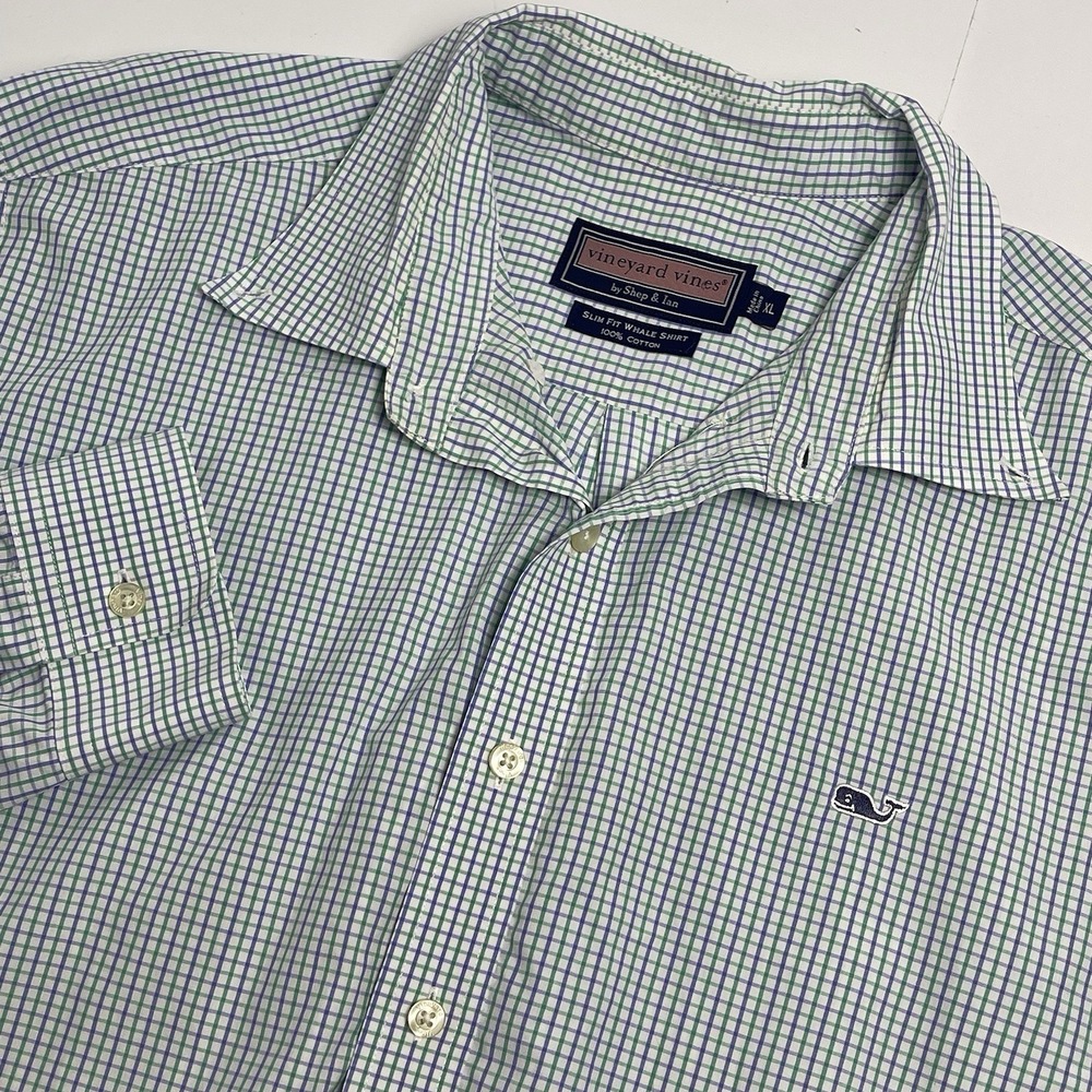 Vineyard Vines Men's XL White Green Purple Plaid Slim Fit Whale Checkered